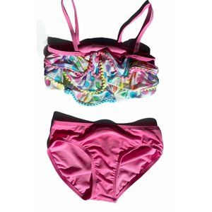 Cat & Jack Girls Youth M 7/8  Pink Rainbow Polka Dot Pom Pom 2-Piece Swimsuit